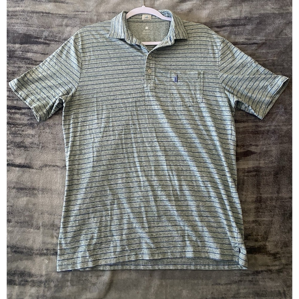 Johnnie-O Hangin Out Mens Medium Green Striped Short Sleeve Polo Shirt Stretch